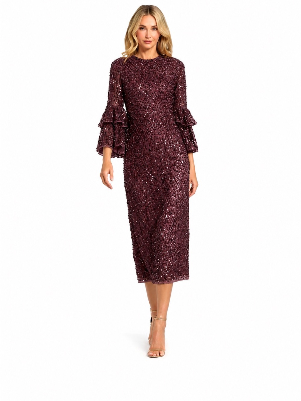 Mac Duggal 10802 Bell Sleeve Sequin Dress size 2 burgundy C10
